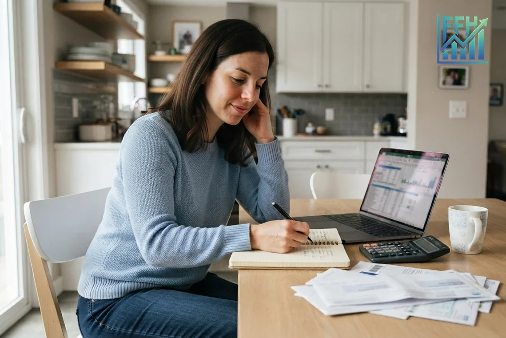 Woman planning her paycheck budget